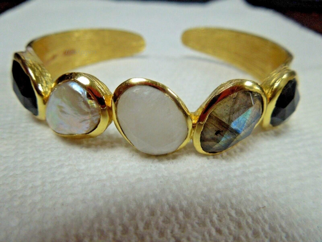 r415 Sterling Silver Gold Wash with 5 gemstone Mother of Pearl,Labradorite,Onyx,Moonstone Cuff Bracelet Very Pretty