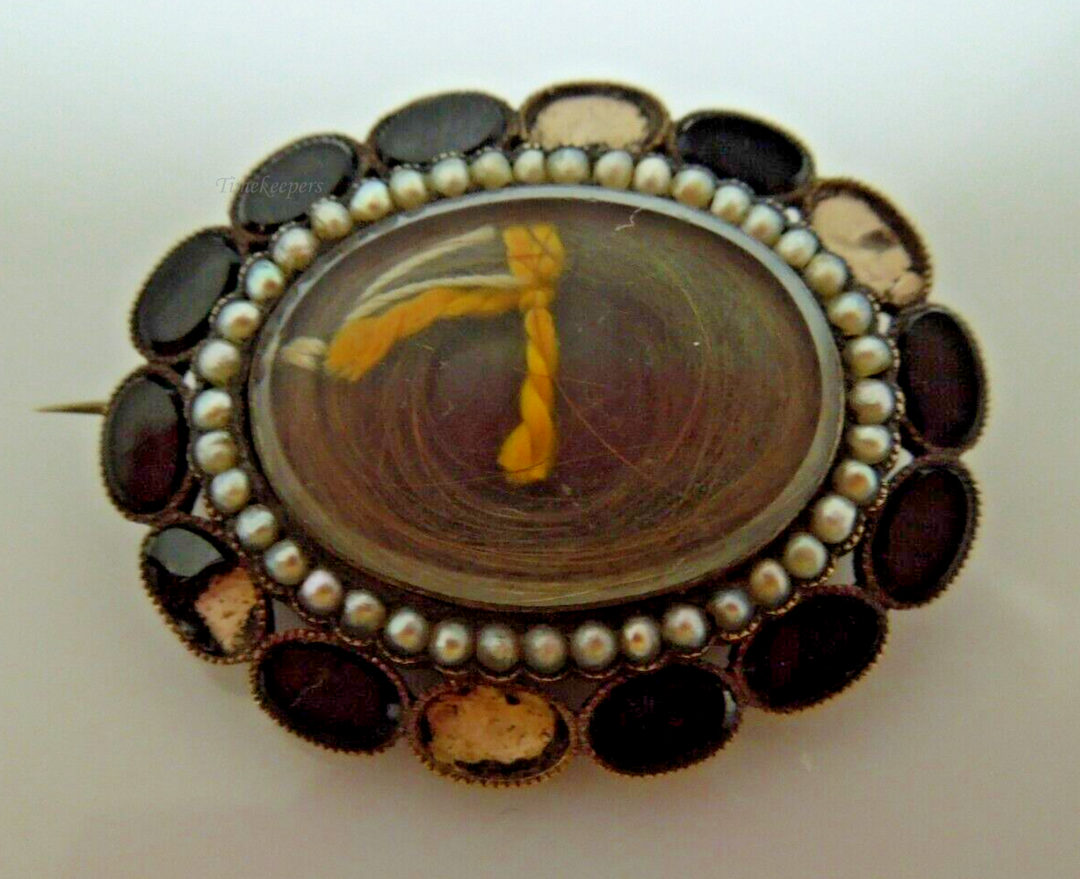 s978 Antique Gold Filled Seed Pearl Mourning Hair Jewelry Brooch Pin Victorian Era with missing onyx