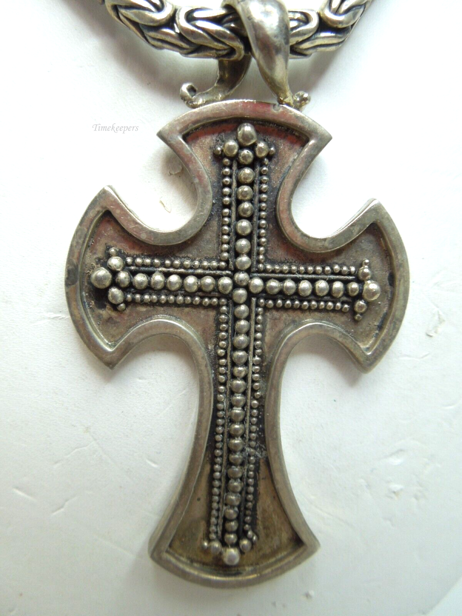 s708 Vintage Solid Sterling Silver Beaded Thick Cross with Byzantine Chain Necklace Toggle Closure 78.3g