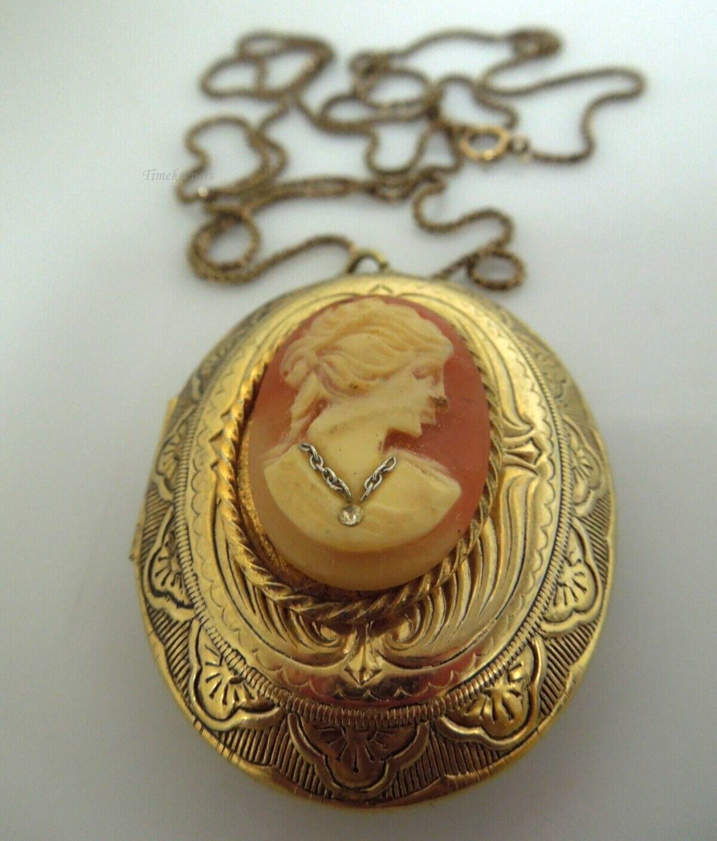 s892 Vintage Cameo Locket on Chain, Gold Filled Metal and Resin Faux Cameo, Queenly Medieval Jewels, 1970s