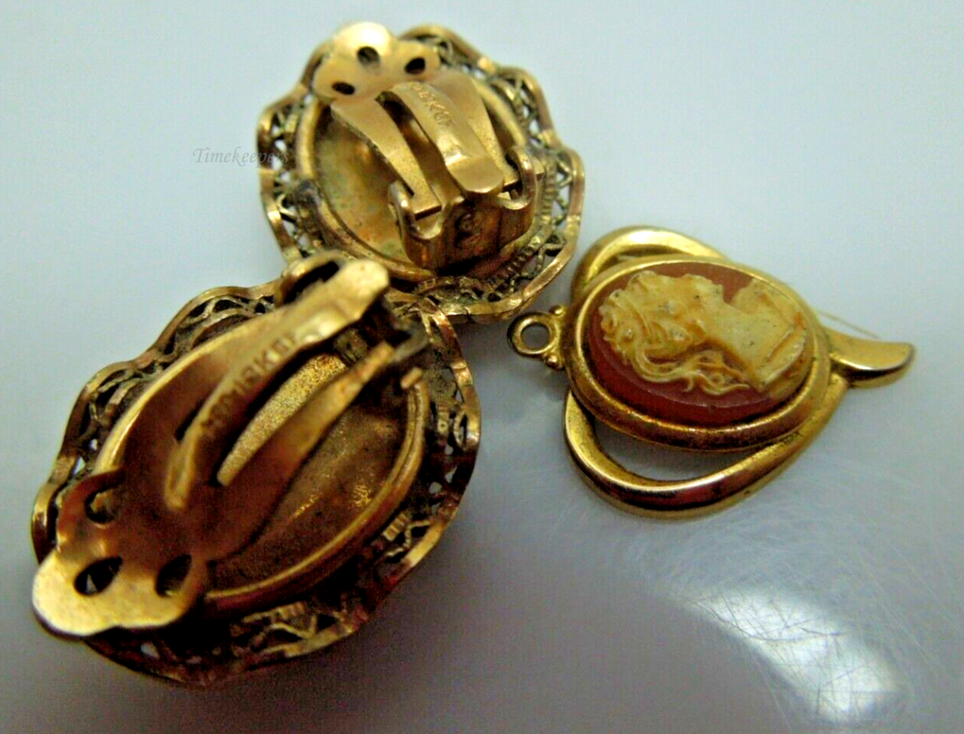 s823 Carved Shell Cameo Gold Filled Vintage Earrings and Carved Shell Cameo Pendant