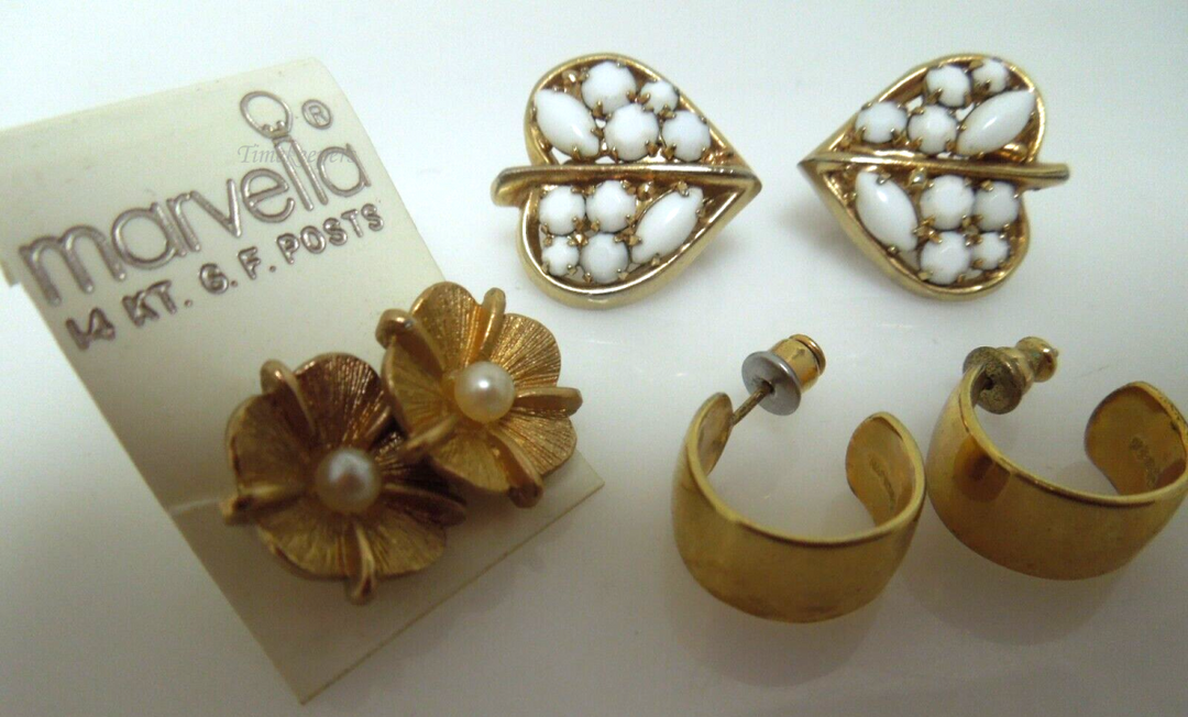 s654 Set of 3 Earrings Gold tone Preowned Vintage Napier and Marvella Flower Studs with 14kt Gold Filled Post