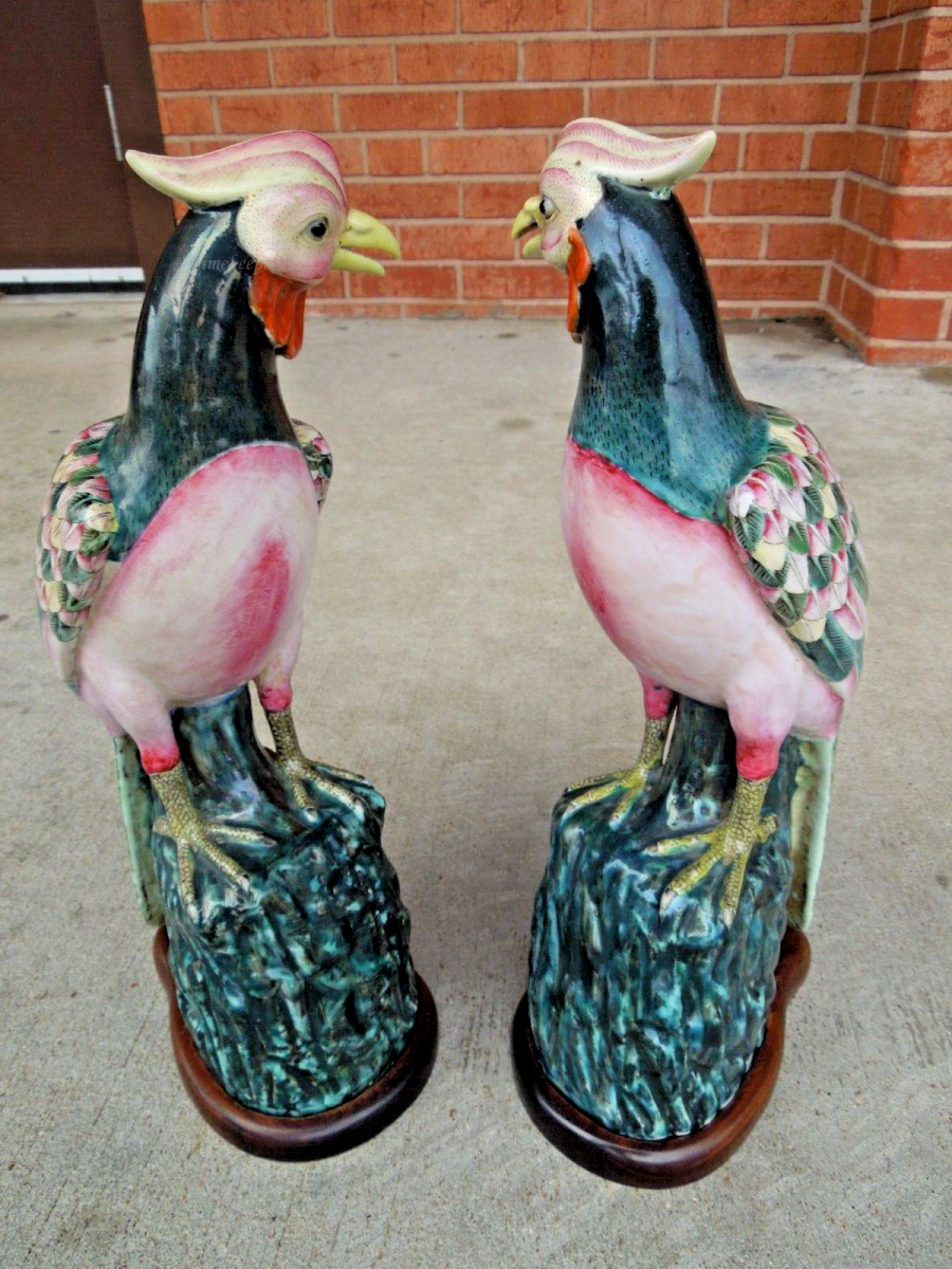 t008 Antique Pair of Porcelain Chinese Phoenix Birds Statue Pair with wooden base,Chinese Antique,Rare Collectibles,Rarest of the Rare  