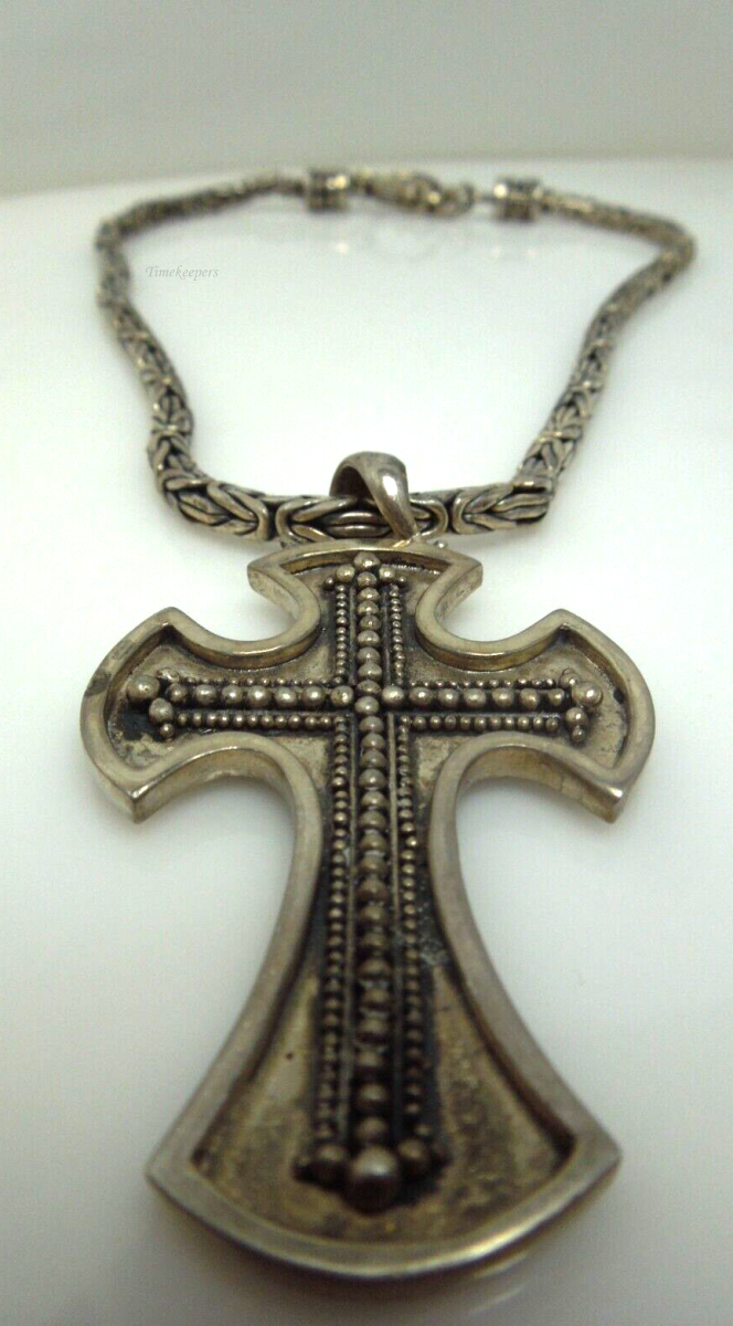 s708 Vintage Solid Sterling Silver Beaded Thick Cross with Byzantine Chain Necklace Toggle Closure 78.3g