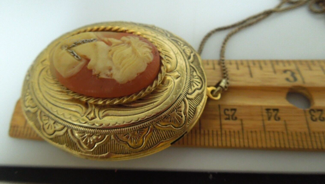 s892 Vintage Cameo Locket on Chain, Gold Filled Metal and Resin Faux Cameo, Queenly Medieval Jewels, 1970s