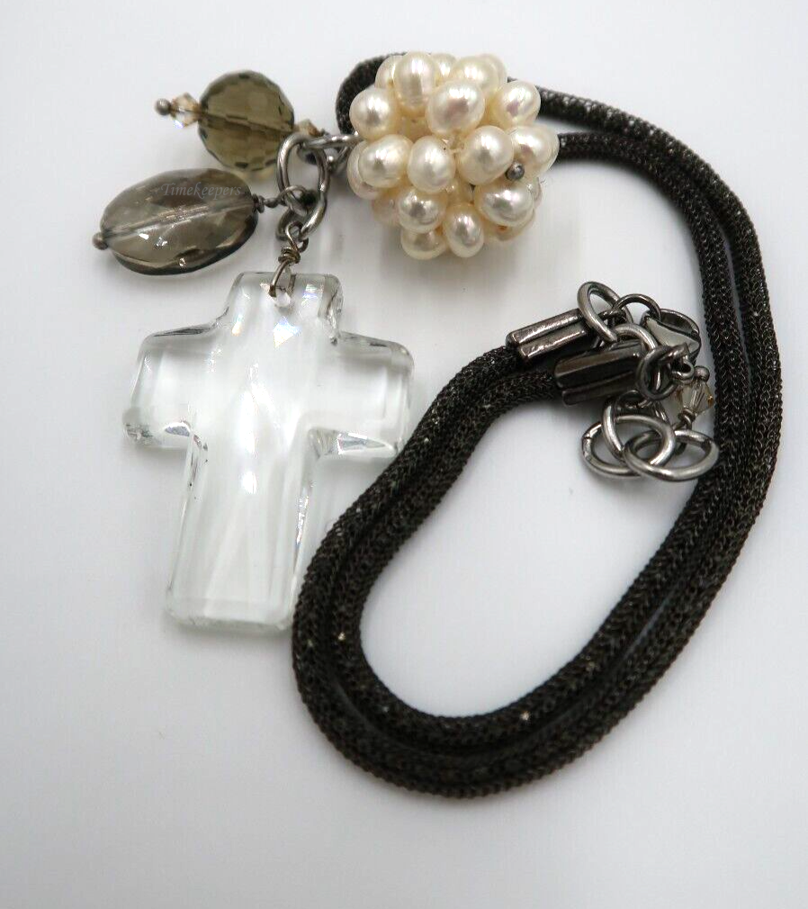 t221 Crystal Cross Necklace in Black Mesh Chain 22"