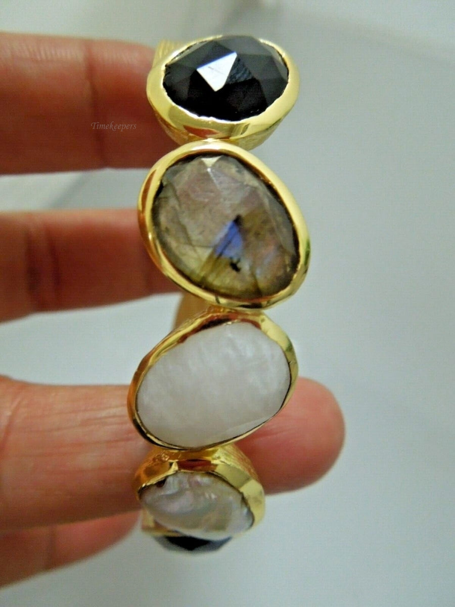 r415 Sterling Silver Gold Wash with 5 gemstone Mother of Pearl,Labradorite,Onyx,Moonstone Cuff Bracelet Very Pretty