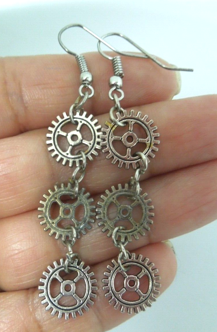 s402 Vintage Sterling Silver Steampunk Gears 3 tier Earrings