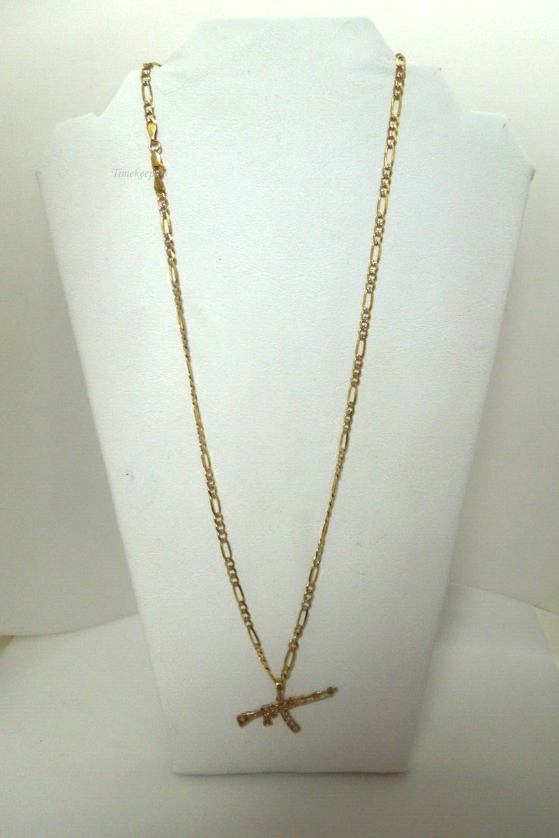 s521 10kt White Yellow Rose Gold 24" Rifle pendant with Figaro Link Chain Signed 