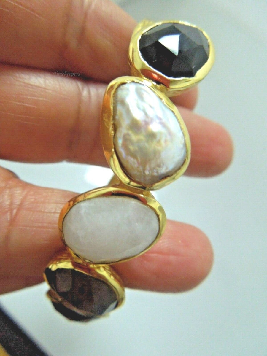 r415 Sterling Silver Gold Wash with 5 gemstone Mother of Pearl,Labradorite,Onyx,Moonstone Cuff Bracelet Very Pretty