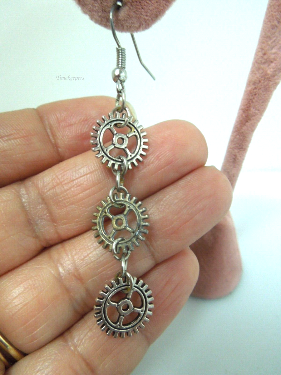 s402 Vintage Sterling Silver Steampunk Gears 3 tier Earrings