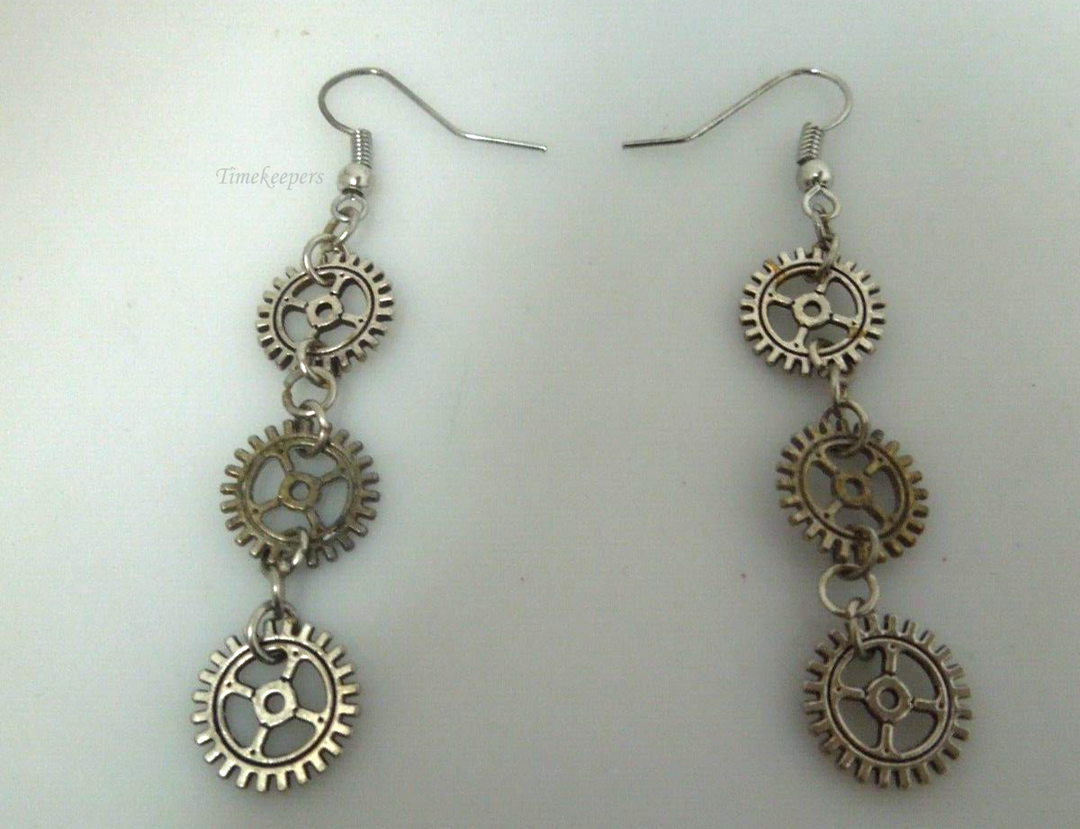 s402 Vintage Sterling Silver Steampunk Gears 3 tier Earrings