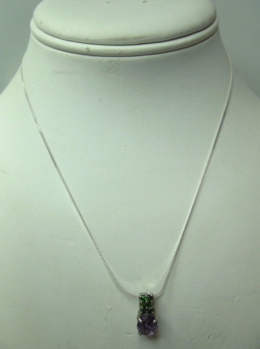 s962 Solid Sterling Silver Synthetic Purple and Green Stone Necklace 15"/3.4g