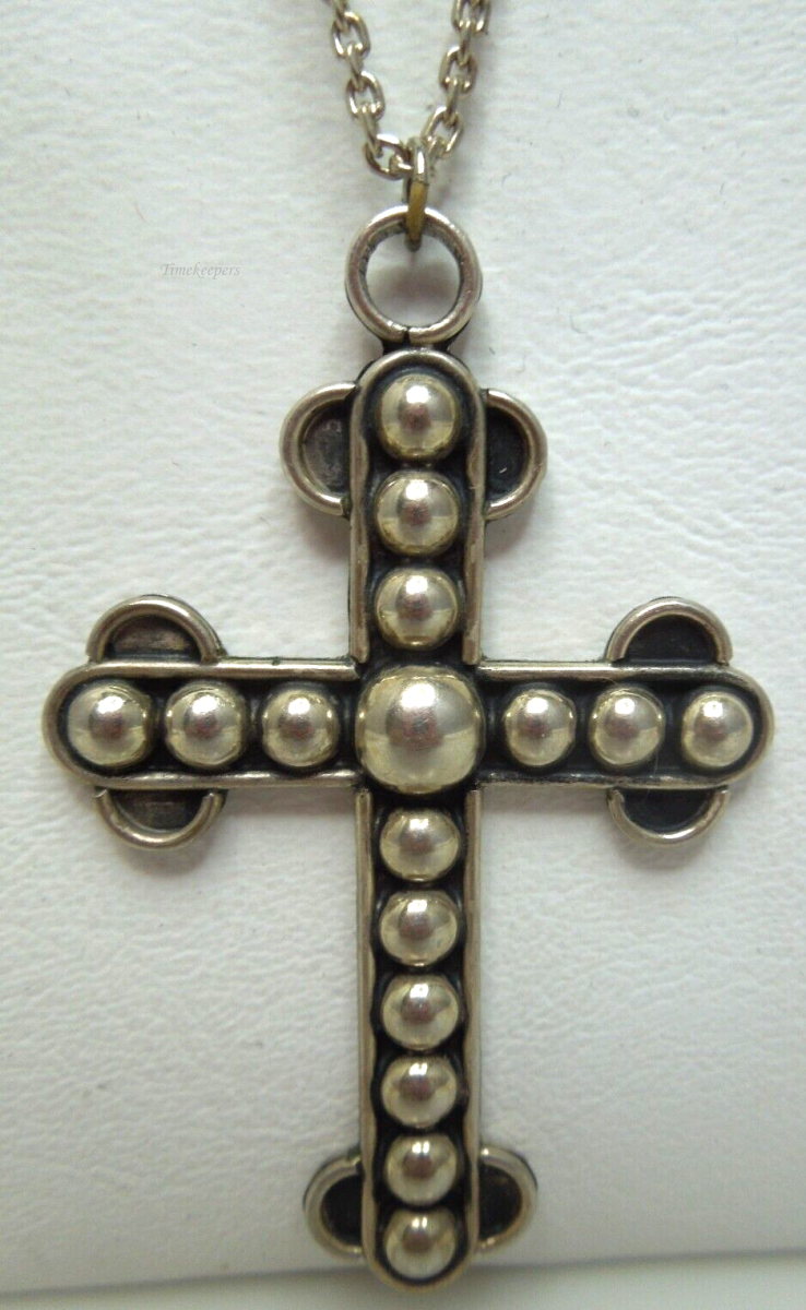 s706 Vintage Thick Beaded Solid Sterling Cross Mexico with 27" Silver Chain