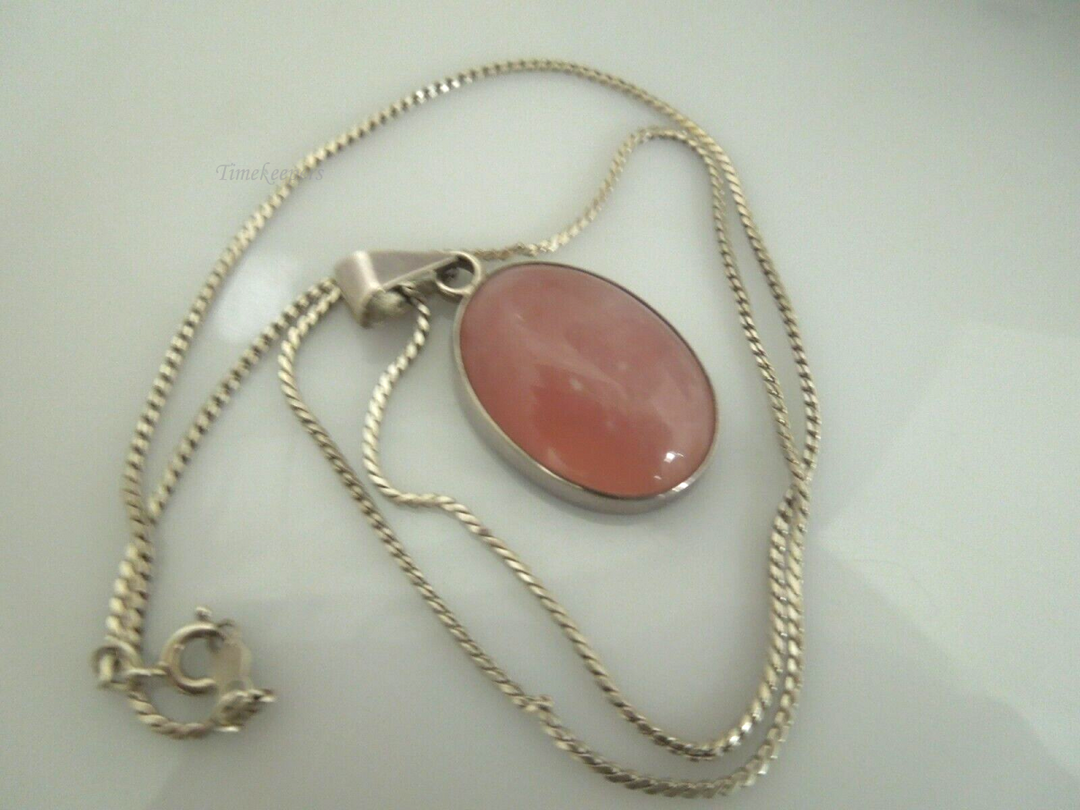 s140 Vintage Sterling Silver Chain And Pink Rhodochrosite Pendant Necklace 18"