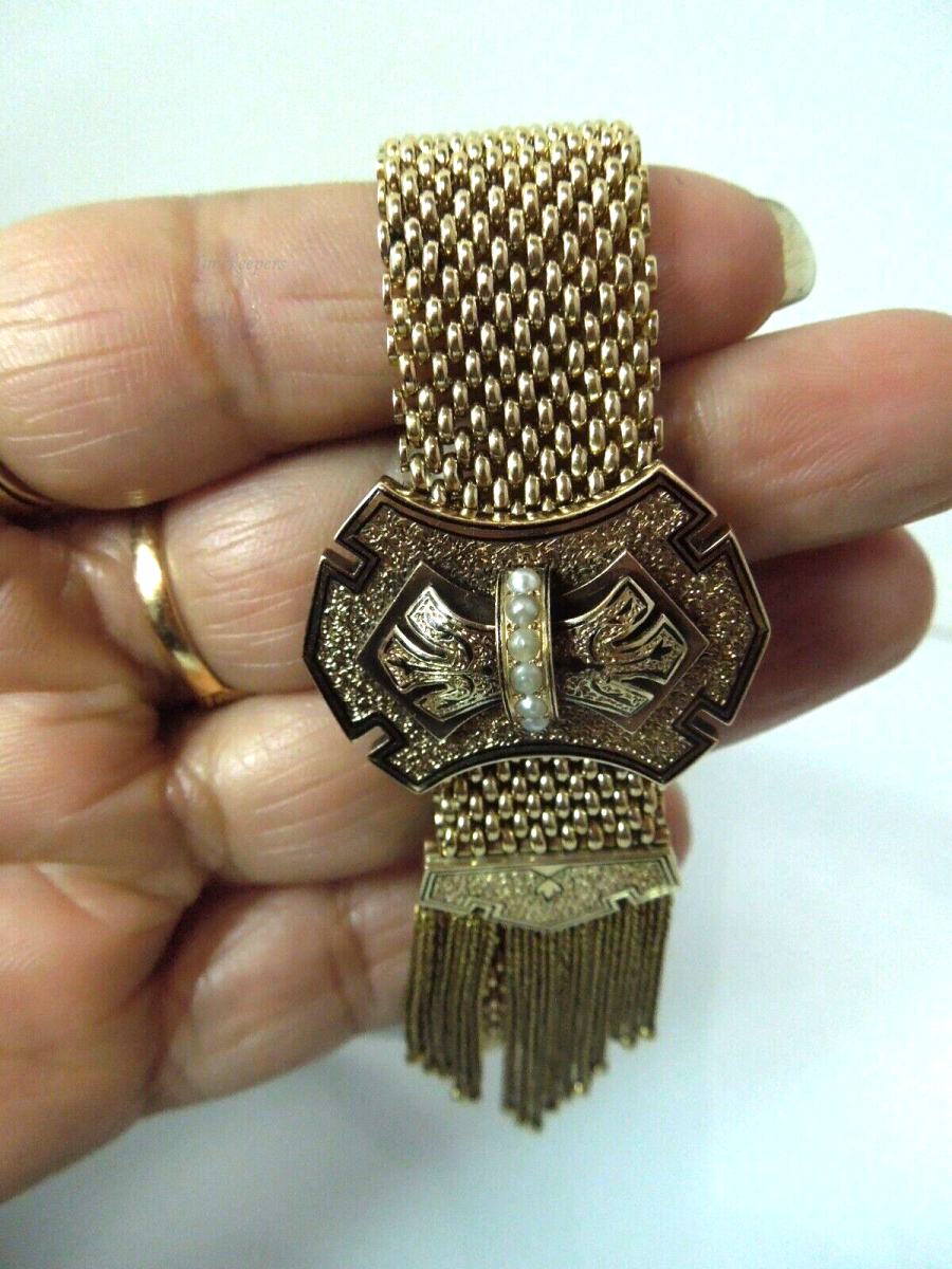 s987 1870'S Antique Victorian Mesh Slider tassel Bracelets in 10kt Yellow Gold