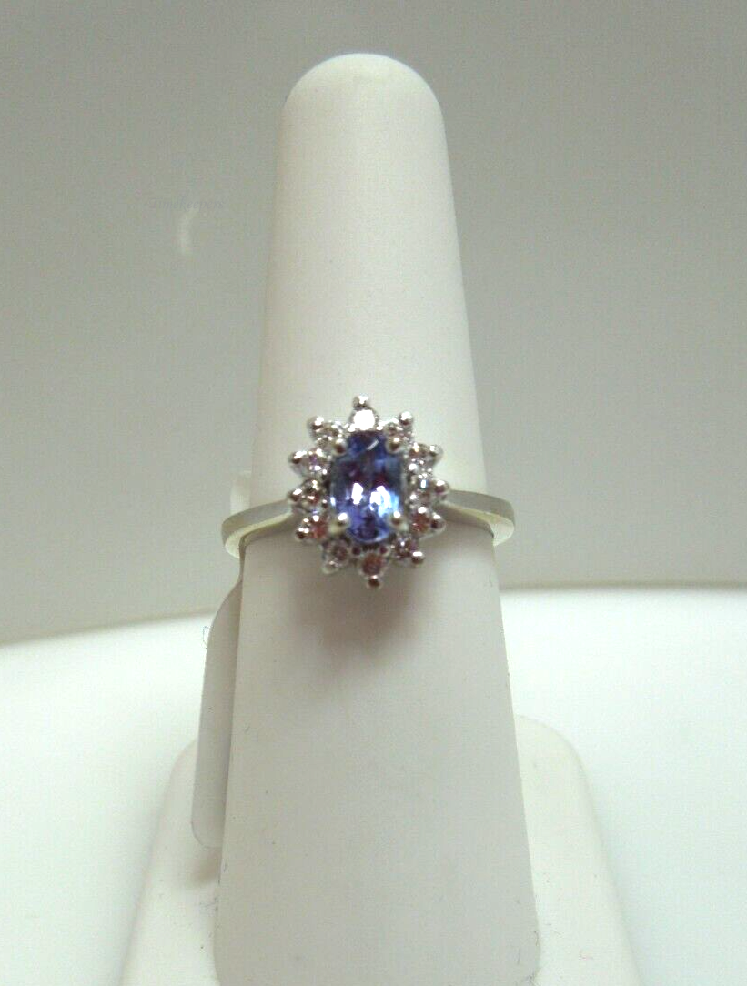 s673 14kt White Gold Tanzanite and Diamond Flowering Halo Engagement Anniversary Ring Size 6(US) Signed 3.5g  