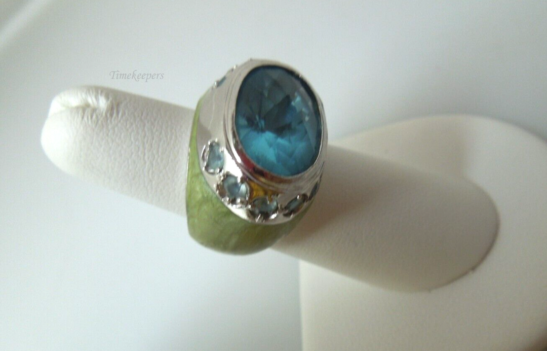 s933 Vintage Signed LGA Lauren G Adams Oval Blue Zircon Gemstone Enamel Dome Ring 6