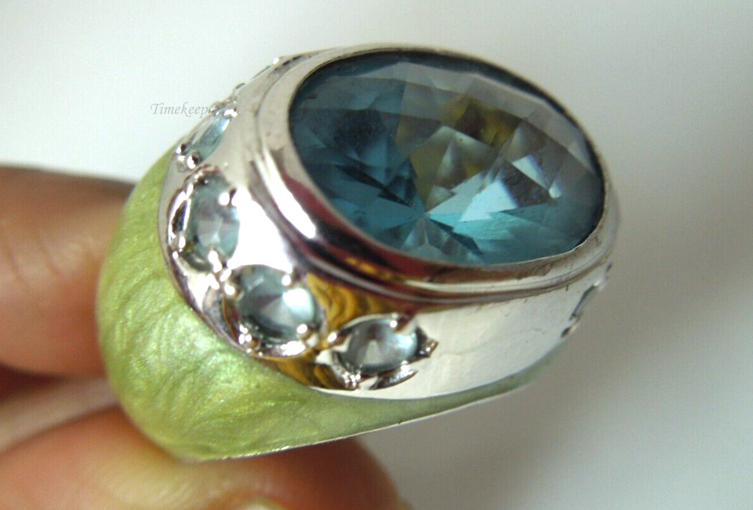 s933 Vintage Signed LGA Lauren G Adams Oval Blue Zircon Gemstone Enamel Dome Ring 6