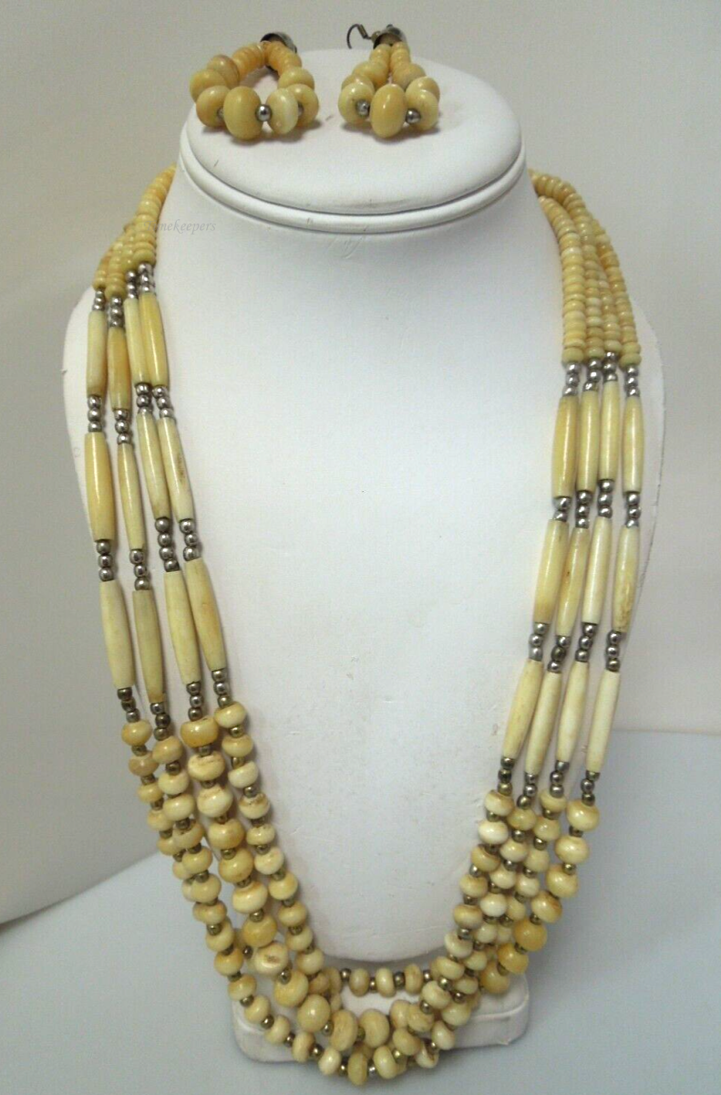 t143 Multi Strand Seed Beaded Necklace and Earrings