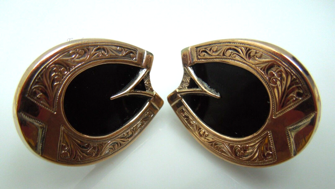 s934 10kt Solid Gold Etched Black Onyx Inlaid Cufflinks