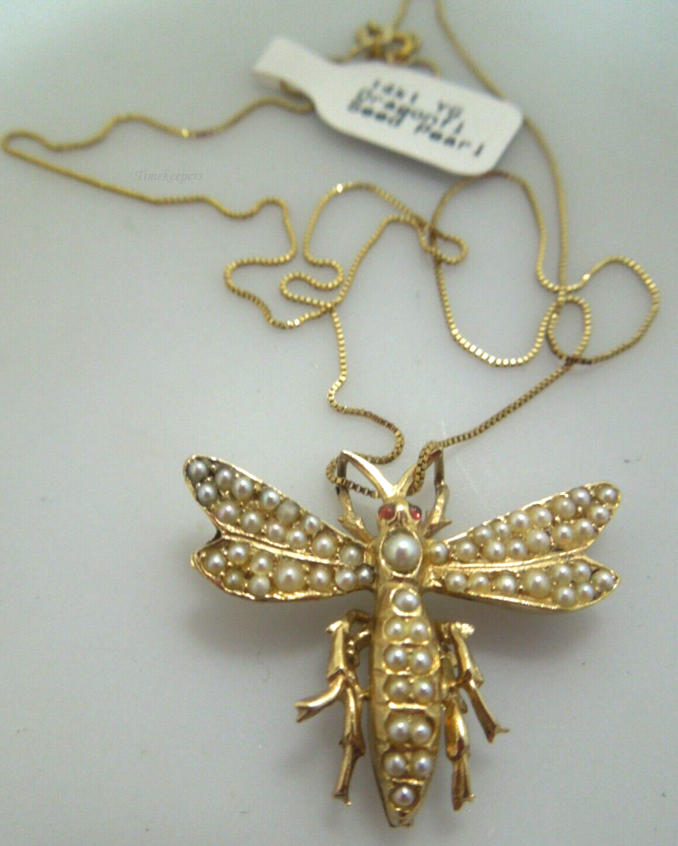 s391 14kt Yellow Gold Dragonfly Seed Pearls Pendant Necklace Signed 6.5g