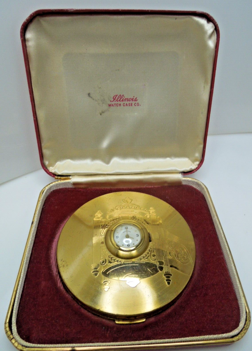 s657 Ladies Compact with watch Rockford Signed Circa 1935 Illinois Case Co with working watch Compound