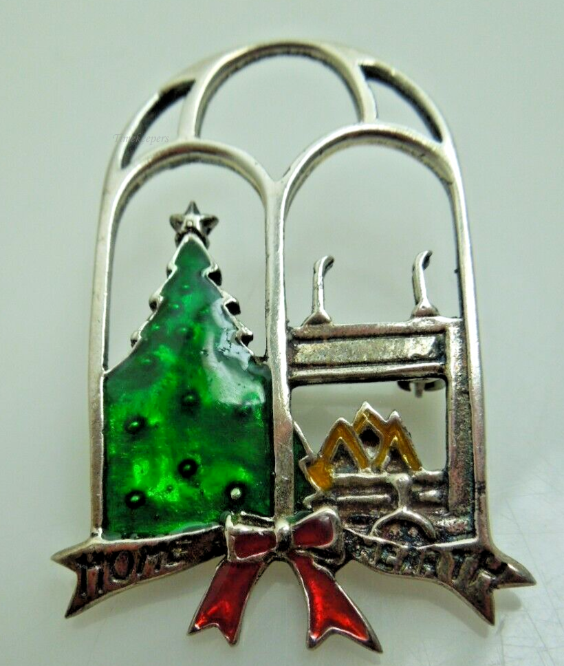 s717 Sterling silver Enameled green tree fireplace red bow mantlepiece HOME HEARTH Pin,Dress Pin,Brooch  