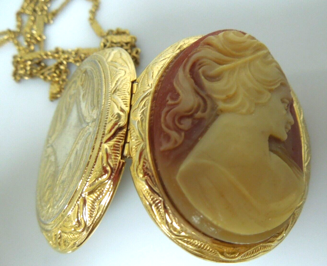 s893 Vintage Cameo Locket on Chain, Gold Filled Metal and Resin Faux Cameo, Queenly Medieval Jewels, 1970s