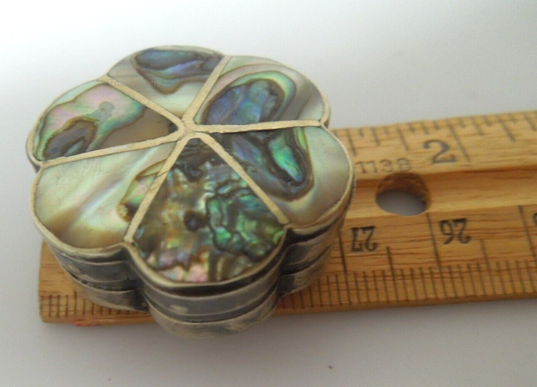 s321 Sterling Silver miniature Box with Abalone shell Mexico FH 925 signed by maker pill ring box 1940's 11.5 grams