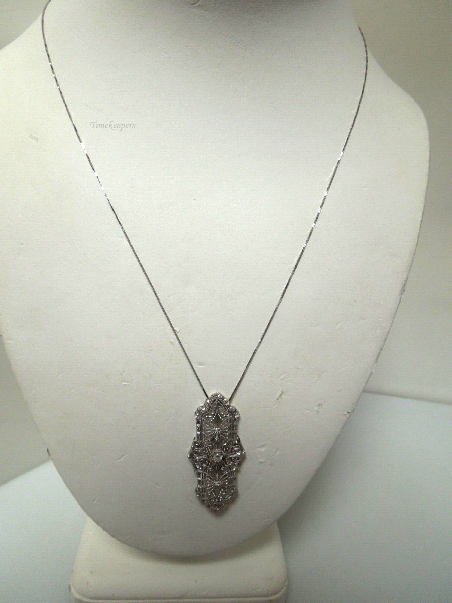 s157 14kt White Gold Diamond .10cts Filigree Pendant Necklace 20"