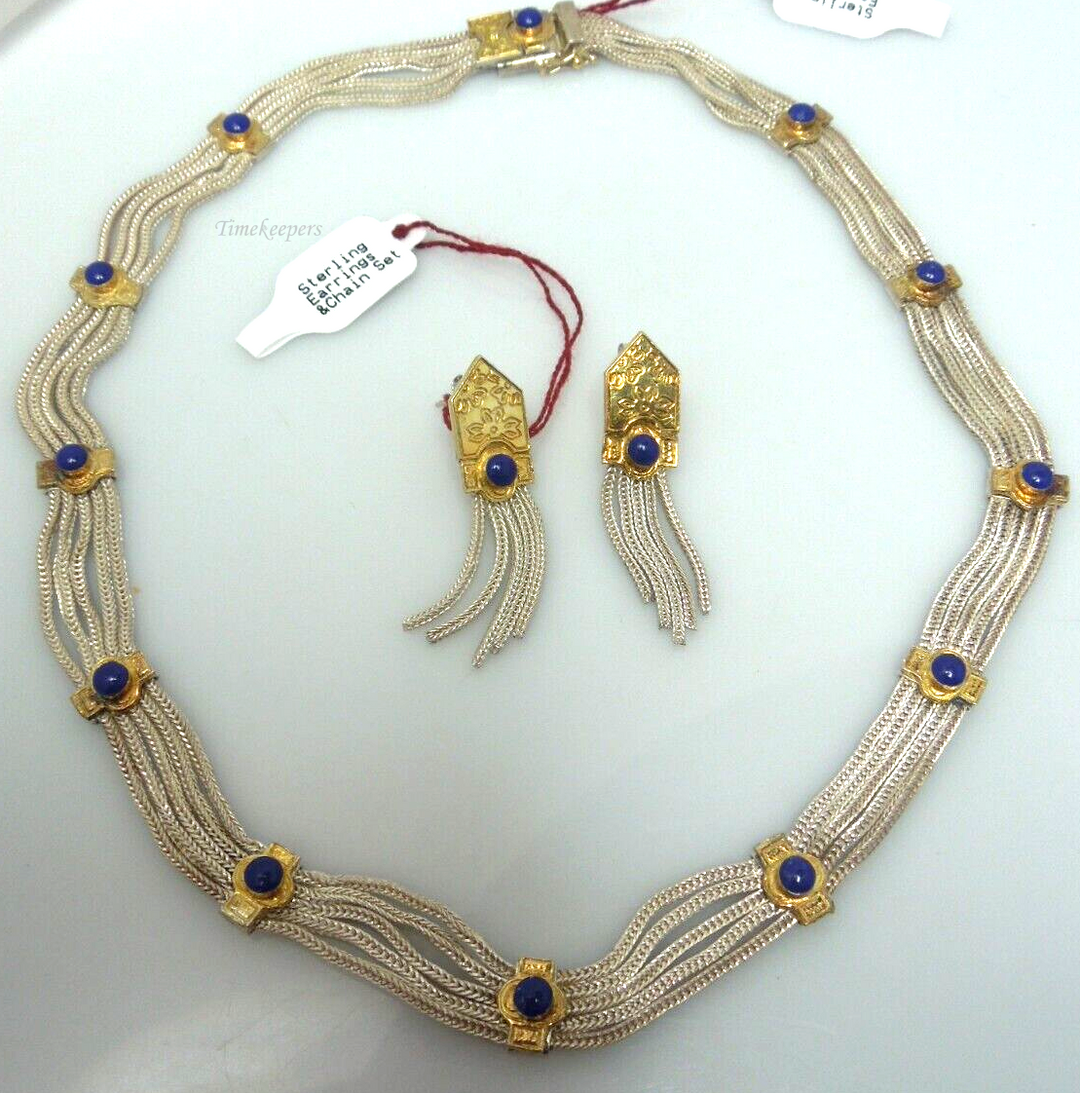 s201 Vintage Sterling Silver Link Gilt Chain Necklace Set with matching Earrings