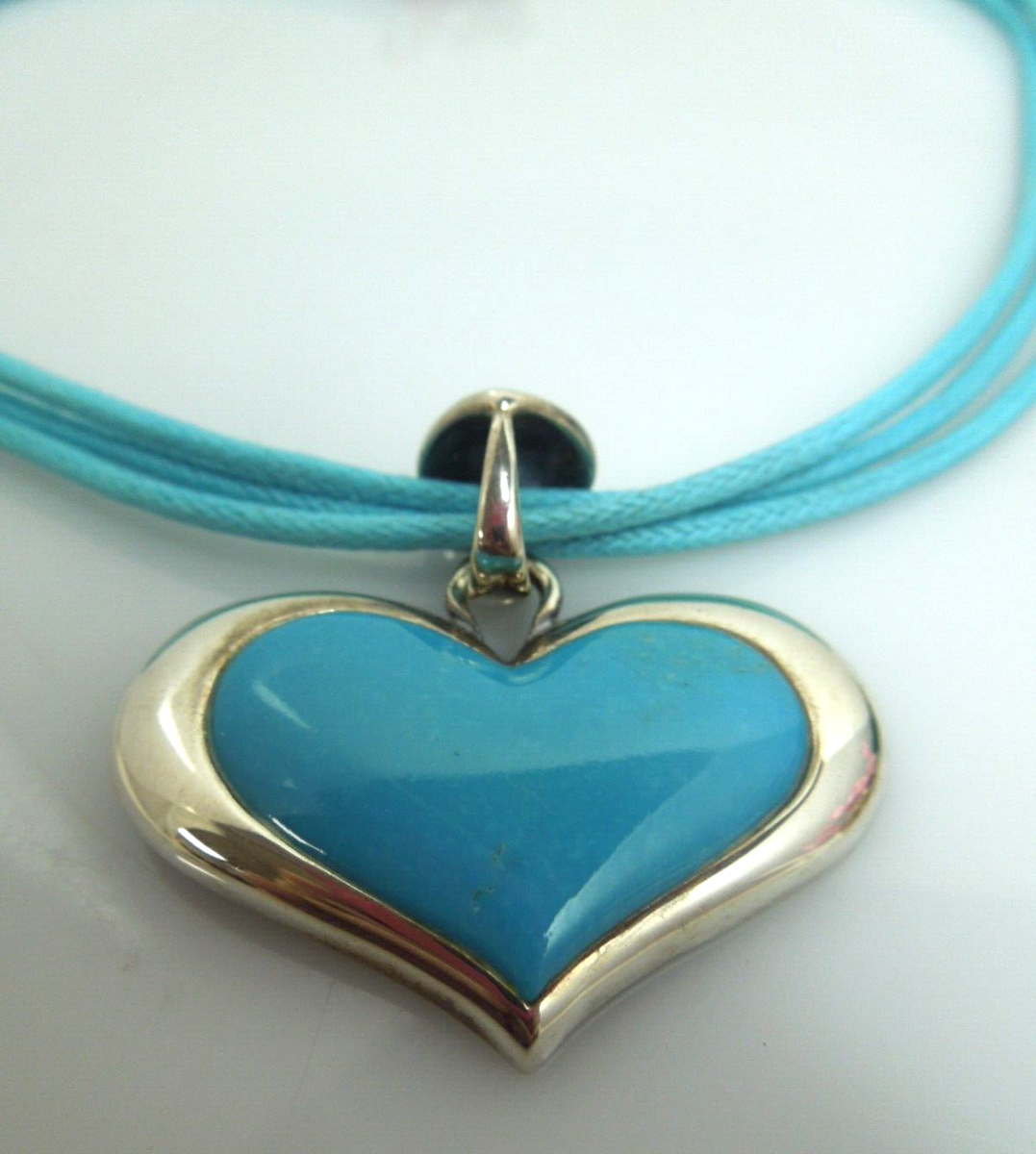 t134 Sally C Treasures SX Sterling Silver Turquoise Heart Pendant Choker Necklace 