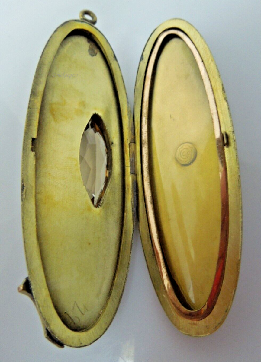 s935 Antique Vintage Large Art Deco 1915-1935 Gold Filled Art Nouveau Citrine Jeweled Oval Locket W & H Co.  