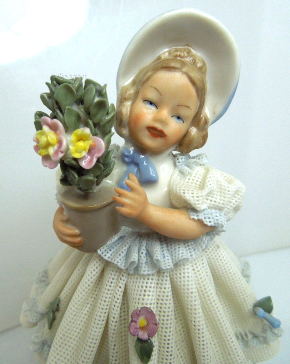 s796 Antique Dresden German Continental Porcelain Figurine Lady in Lace Trim Dress With Roses