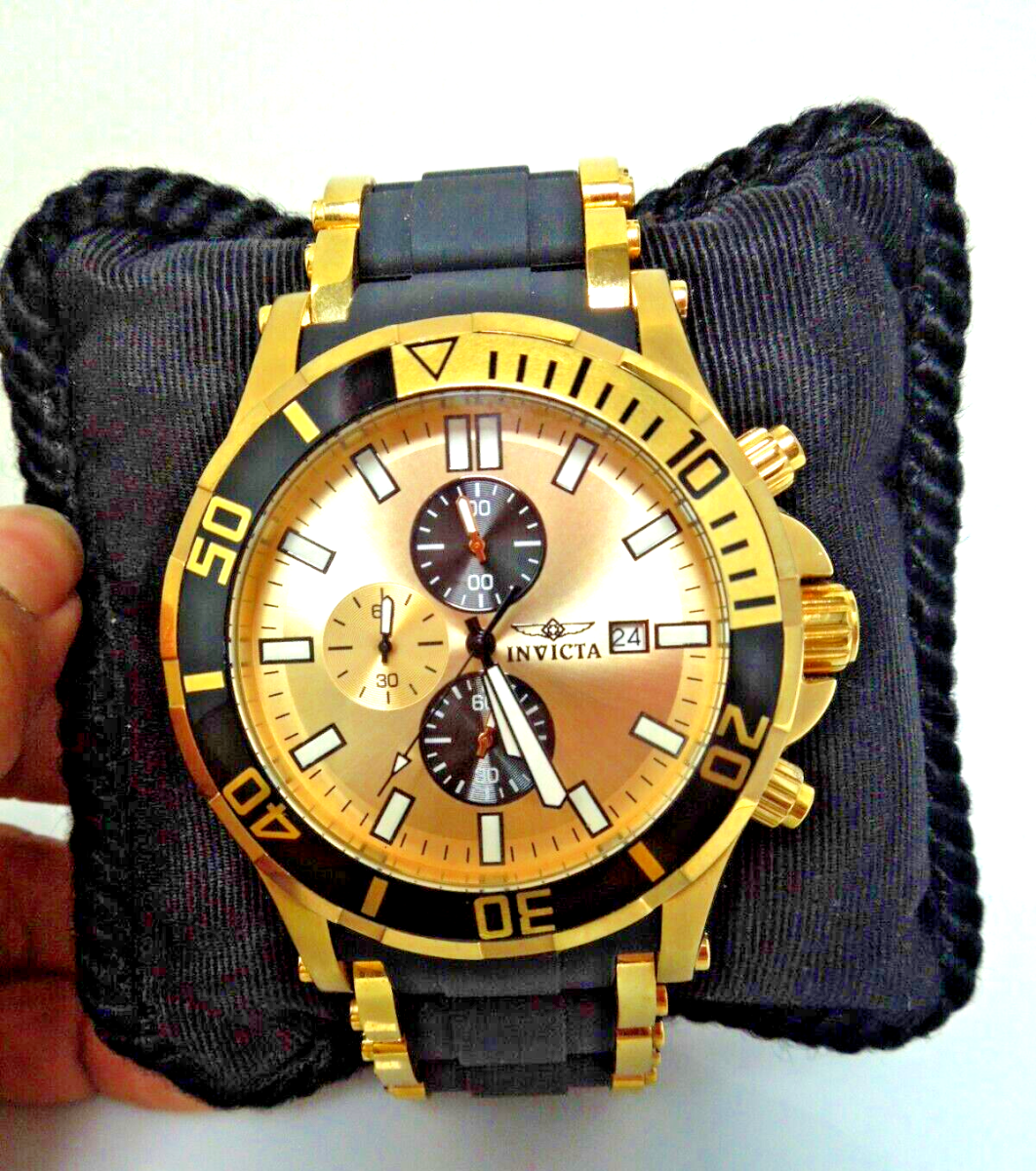 s837 Invicta Men's 1478 Sea Spider Chrono Gold Dial Black Polyurethane Watch