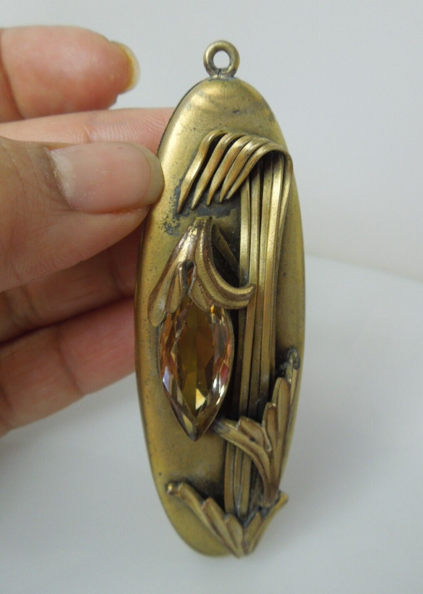 s935 Antique Vintage Large Art Deco 1915-1935 Gold Filled Art Nouveau Citrine Jeweled Oval Locket W & H Co.  