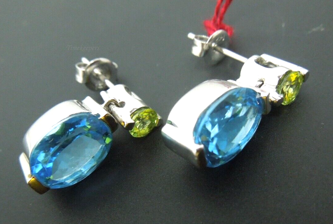 s784 14kt White Gold Peridot Blue Topaz Drop Earrings Signed 5.6g