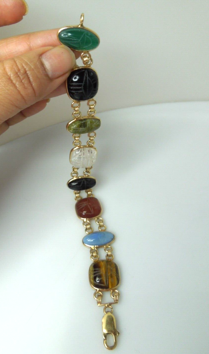 s936 14k Yellow Gold Carved Multi Color Gemstone Scarab Bracelet 24.2g/6 1/2"  