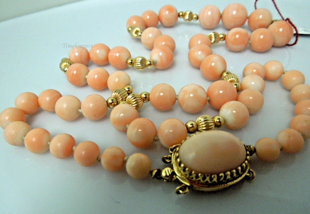 s958 14K Yellow Gold Angel Skin Coral Graduated Beaded Necklace 24" Long