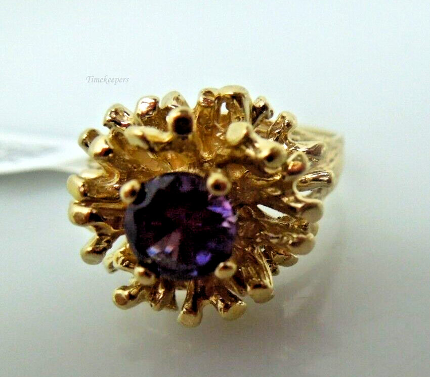 s879 10kt Yellow Gold  Synthetic Amethyst Ring Size 6 3/4  