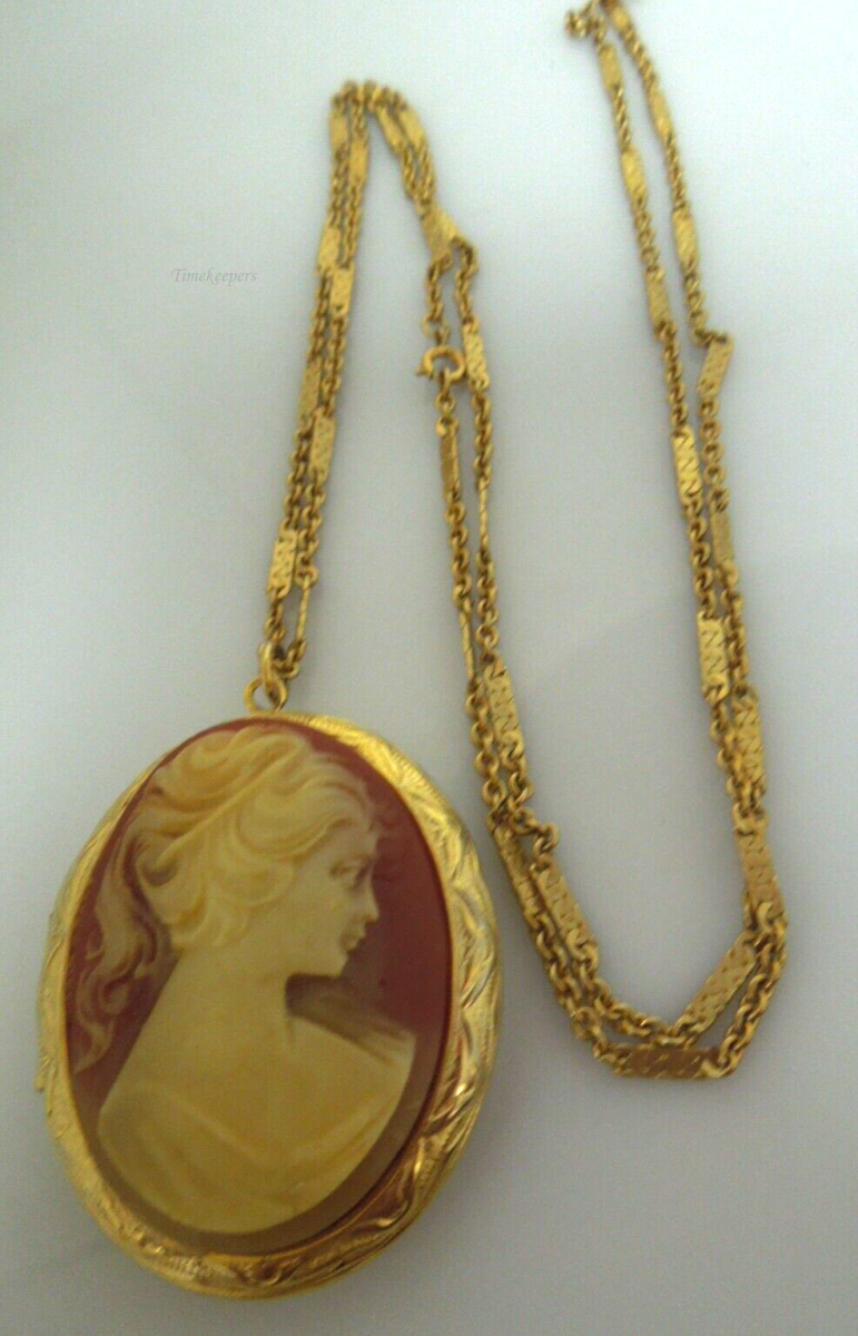 s893 Vintage Cameo Locket on Chain, Gold Filled Metal and Resin Faux Cameo, Queenly Medieval Jewels, 1970s