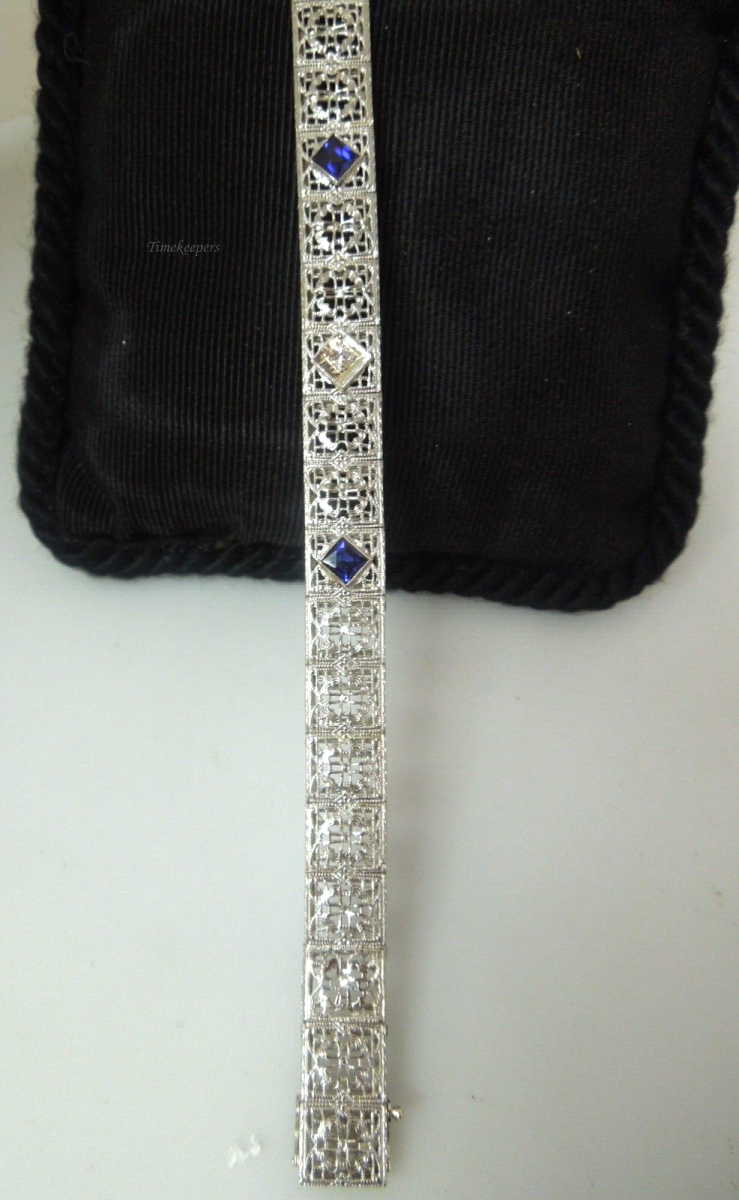 s367 14kt White Gold Filigree Sapphire and Diamond Bracelet 6 1/2"