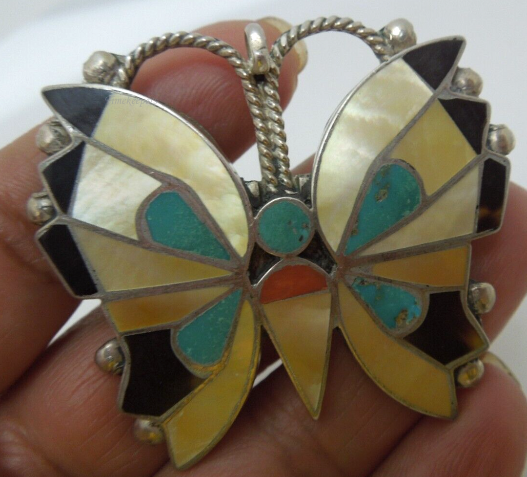 s574 Exceptionally Fine Zuni Rosita Wallace Butterfly Pin Mosaic Inlay mid-Century Sterling Silver  