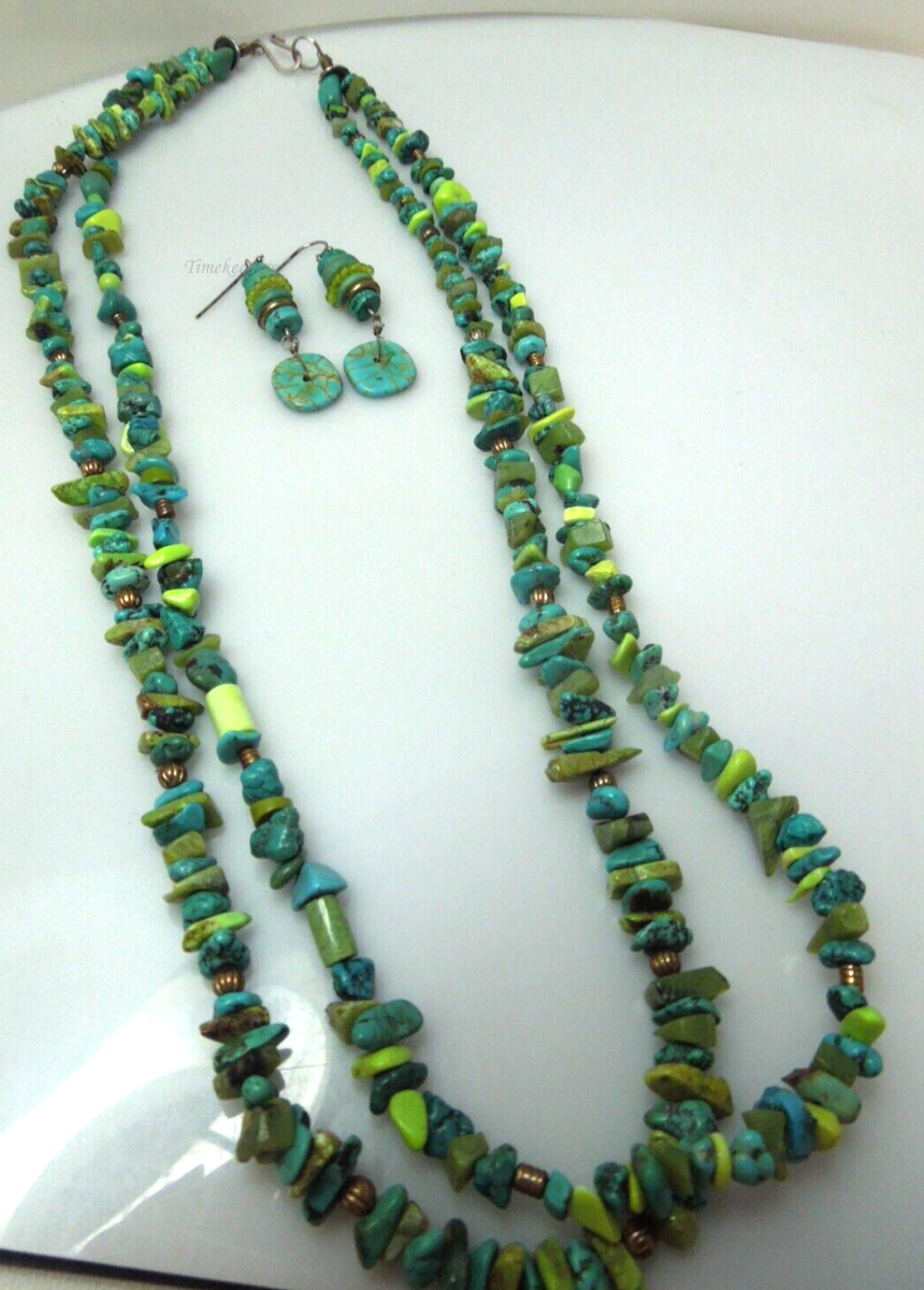 s943 Vintage Double Strand Turquoise Beaded Necklace and Dangle Earrings Set