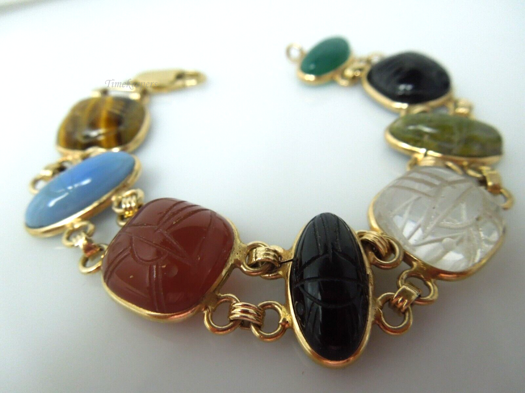 s936 14k Yellow Gold Carved Multi Color Gemstone Scarab Bracelet 24.2g/6 1/2"  