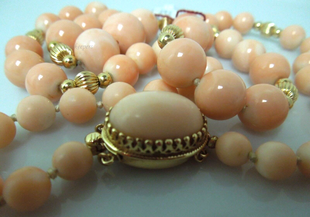 s958 14K Yellow Gold Angel Skin Coral Graduated Beaded Necklace 24" Long