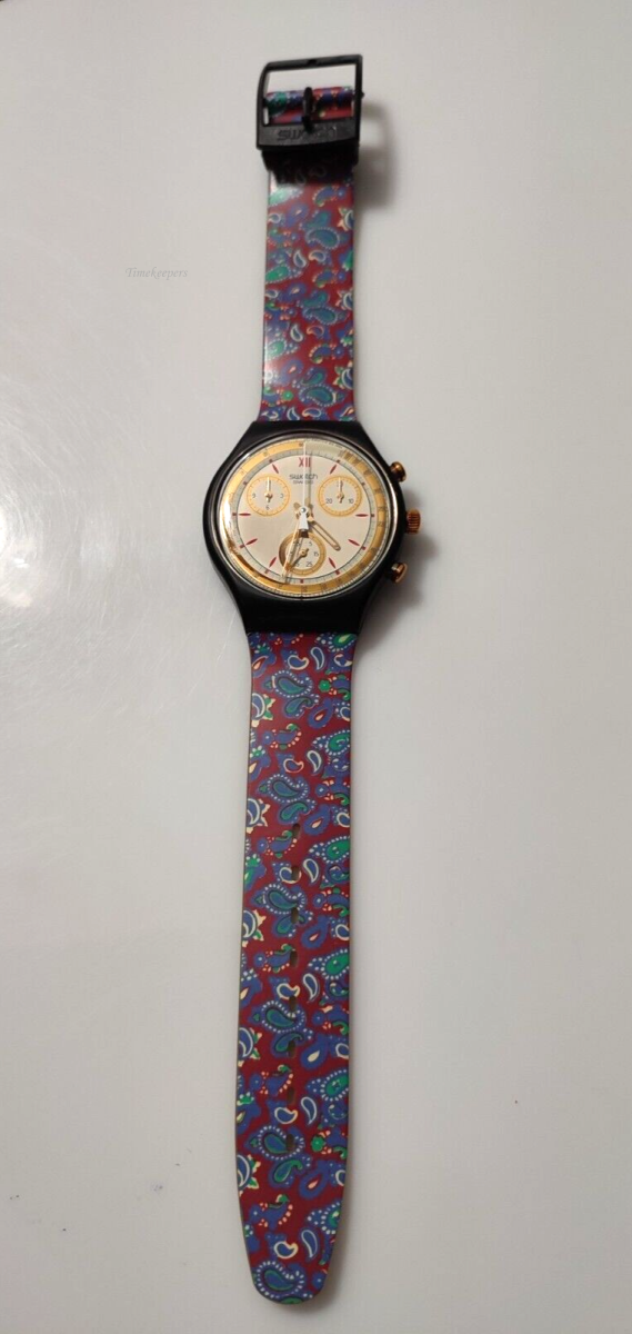 s478 1990s Swatch Chrono 'Award' SCB108 watch 37mm, Gold Magenta Blue Paisley Pattern Strap