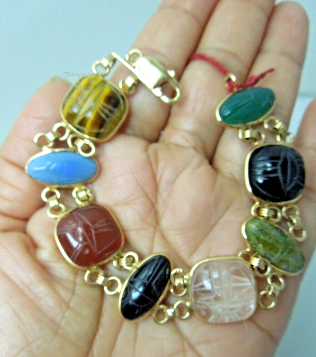 s936 14k Yellow Gold Carved Multi Color Gemstone Scarab Bracelet 24.2g/6 1/2"  