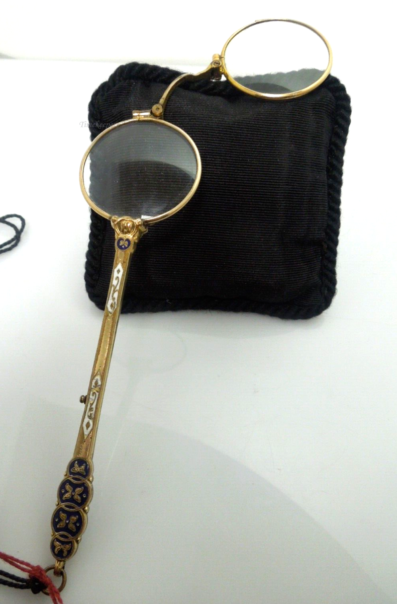 s203 Victorian Antique Lorgnette Folding Opera Glasses Gold filled Enamel Ornate Handle Excellent